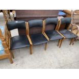 FOUR RETRO TEAK AND LEATHERETTE DINING CHAIRS