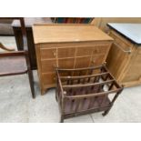 TWO ITEMS - A MAHOGANY CANTERBURY STYLE MAGAZINE RACK AND A TEAL CHEST OF THREE DRAWERS