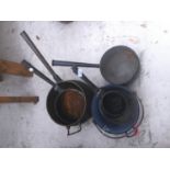 FIVE VARIOUS VINTAGE CAST IRON PANS TO INCLUDE A JAM PAN