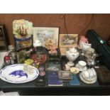 A LARGE COLLECTION OF ITEMS TO INCLUDE PICTURE, SPORTS HANDBOOK, TIN ETC
