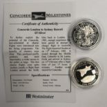 GIBRALTAR 2005 & 2006 , SILVER PROOF £5 COINS , EACH ENCAPSULATED : ?TRAFALGAR & CONCORDE? .