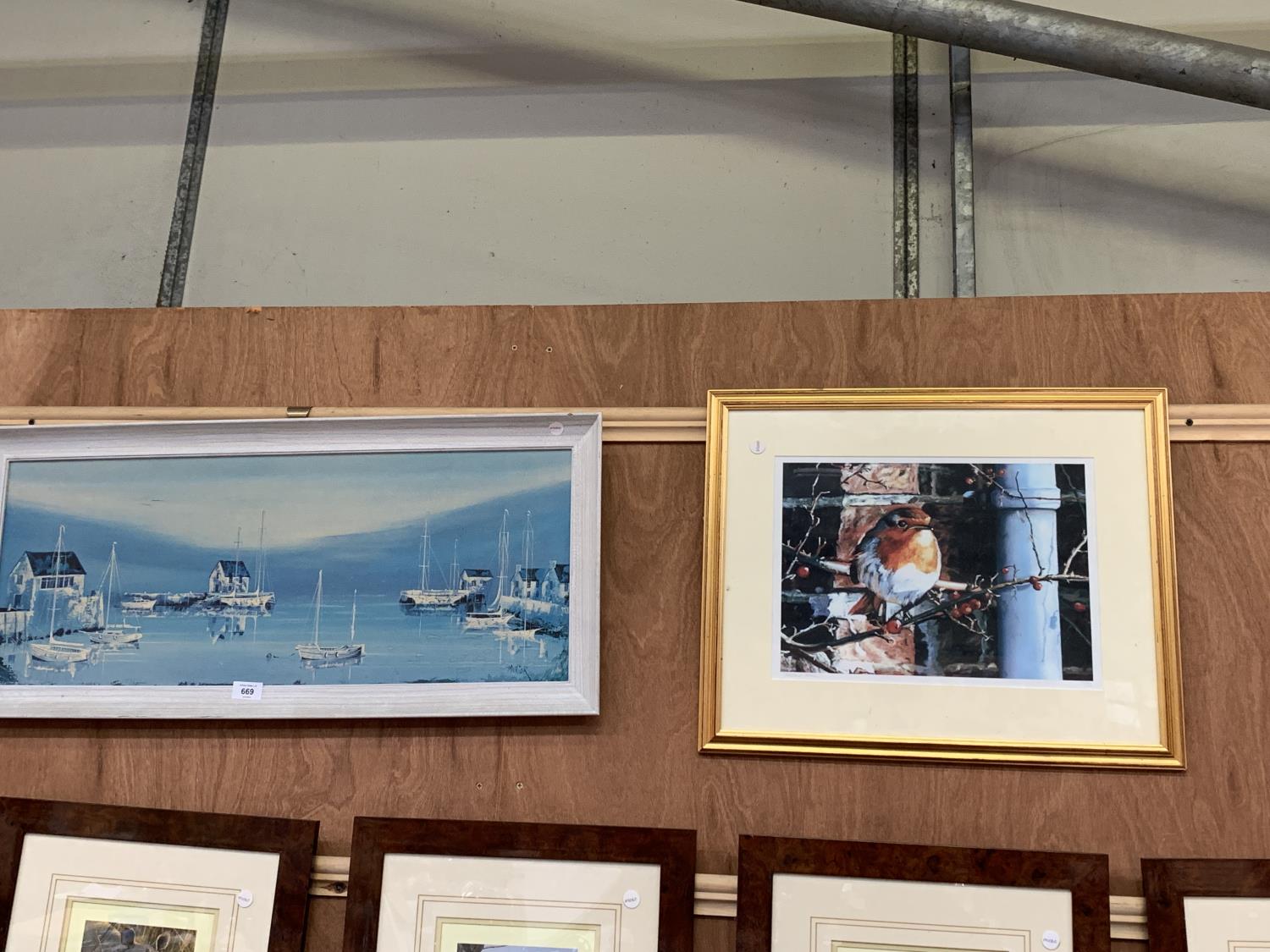 A FRAMED PICTURE OF A HARBOUR AND FURTHER BIRD PRINT