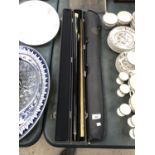 A CASED B.C.E SNOOKER CUE IN CASE WITH CARRY BAG