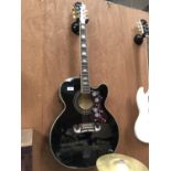 AN EPIPHONE BLACK GLOSS EJ200. SCE GUITAR, TOGETHER WITH CASE