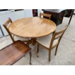A BEECH DINING TABLE AND THREE DINING CHAIRS