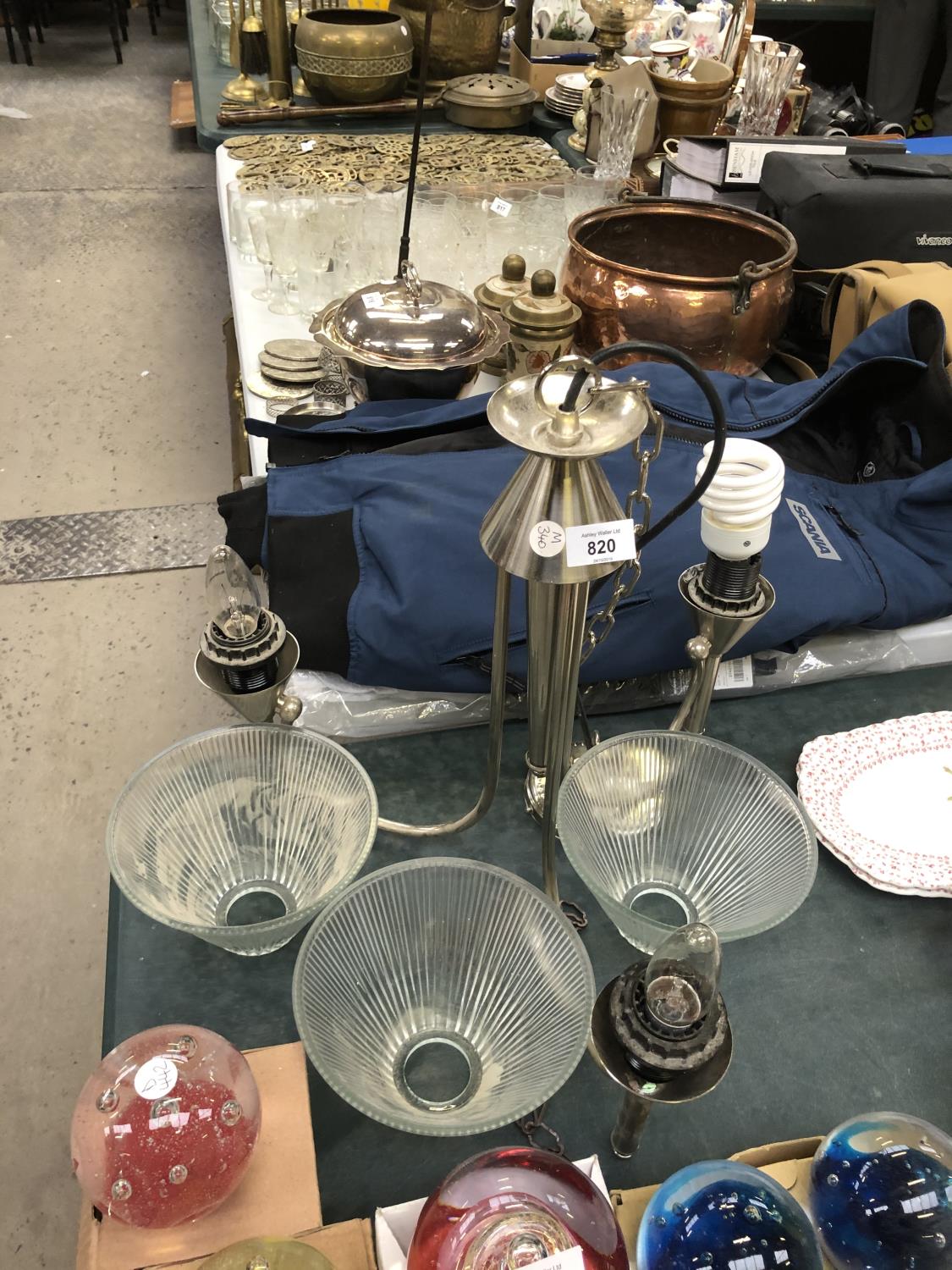 A METAL CEILING LIGHT FITTING TOGETHER WITH THREE GLASS SHADES