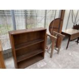 THREE PINE ITEMS - A THREE TIER BOOKCASE, A CROSS MEMBER BASE AND A BED HEAD
