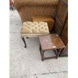 AN OAK OCCASIONAL TABLE, UPHOLSTERED STOOL AND TEAK SEWING BOX ON LEGS