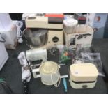 A KENWOOD MIXER WITH ATTACHMENTS, A PHILIPS WHISK, SCALES, JUICER, LARGE KNIFE ETC IN WORKING ORDER