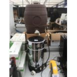 AN ELECTRIC AUTOMATIC COFFEE MAKER AND MILK HEATER IN WORKING ORDER AND A PLASTIC KEG