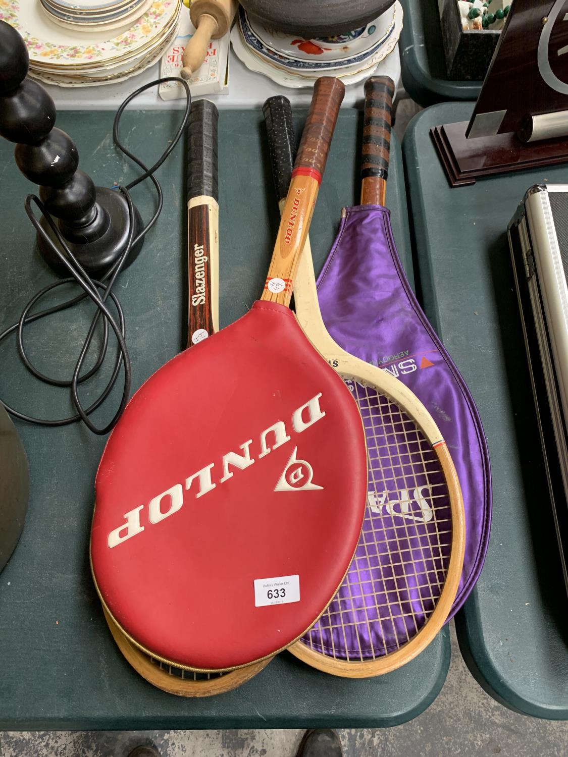 FOUR VINTAGE TENNIS RACKETS TO INCLUDE DUNLOP AND SLAZENGER EXAMPLES