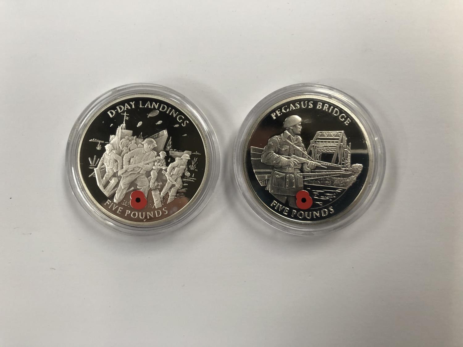 GIBRALTAR 2004 ?POPPY? SILVER PROOF £5 COINS , ENCAPSULATED : ?D-DAY LANDINGS & PEGASUS BRIDGE? .