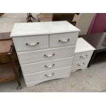A WHITE CHEST OF TWO SHORT AND THREE LONG DRAWERS AND A MATCHING BEDSIDE CHEST OF TWO DRAWERS