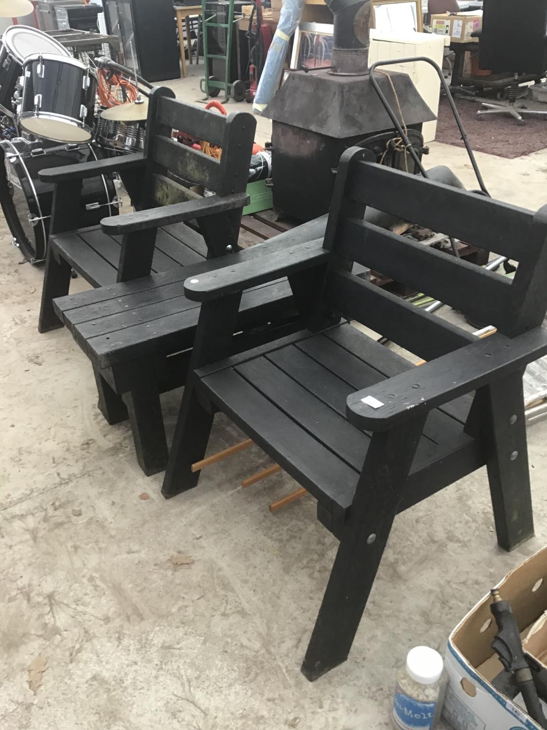 A PAIR OF HEAVY DUTY GARDEN CHAIRS WITH MATCHING TABLE