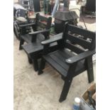 A PAIR OF HEAVY DUTY GARDEN CHAIRS WITH MATCHING TABLE