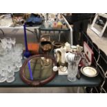 A MIXED GROUP OF ITEMS - COPPER AND BRASS COAL BUCKET, MIRROR, BOXED SILVER PLATED DESSERT SET ETC