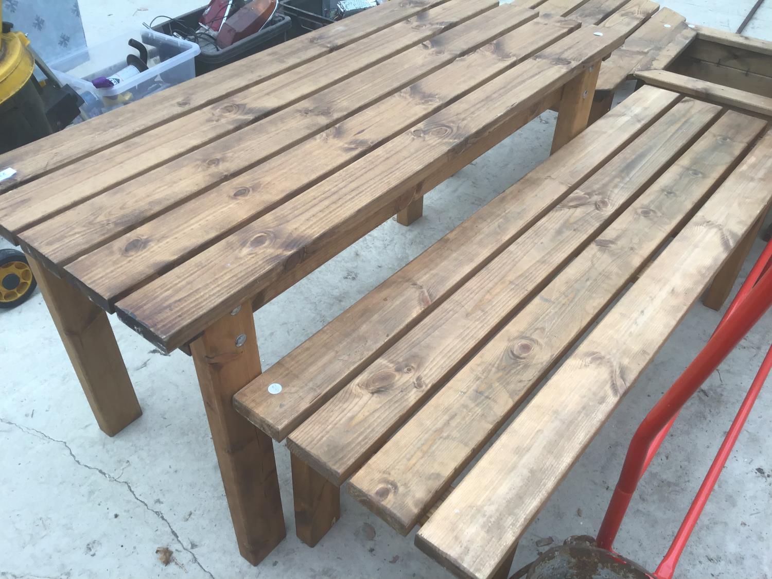 A WOODEN RECTANGULAR TABLE WITH A MATCHING TWO SEATER BENCH - Image 2 of 2