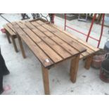 A WOODEN RECTANGULAR TABLE WITH A MATCHING TWO SEATER BENCH