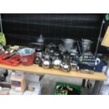 A LARGE QUANTITY OF CAFE ITEMS TO INCLUDE STAINLESS STEEL WARE, CUTLERY AND FLATWARE, COCA COLA