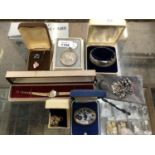 MIXED JEWELLERY - HALLMARKED SILVER BANGLE, LADIES BOXED WATCH, COSTUME JEWELLERY ETC