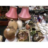 A MIXED LOT OF ITEMS - LARGE SALT GLAZE JUG, LAMPS, MIRROR, OWL MODEL ETC