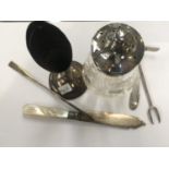 MIXED HALLMARKED SILVER ITEMS - CUT GLASS AND SILVER TOPPED SIFTER, BUD VASE (WEIGHTED), MOTHER OF