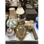A MIXED GROUP OF ITEMS - GILT FRAMED MIRROR, LAMPS ETC