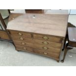 A GEORGIAN MAHOGANY BUREAU WITH FALL FRONT, TWO SHORT AND THREE LONG DRAWERS AND FITTED INTERIOR