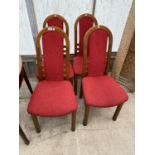 FOUR OAK DINING CHAIRS WITH RED UPHOLSTERY