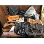 A LARGE GROUP OF LADIES LEATHER HANDBAGS, BOXED PAIR OF SHOES ETC