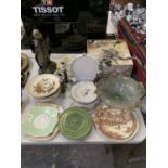 A COLLECTION OF CERAMIC PLATES, GLASS BOWL, CANDLESTICKS ETC