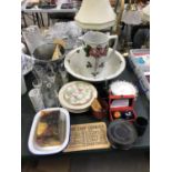 A MIXED LOT OF ITEMS, WASH JUG AND BOWL SET, HOUSEHOLD ITEMS ETC