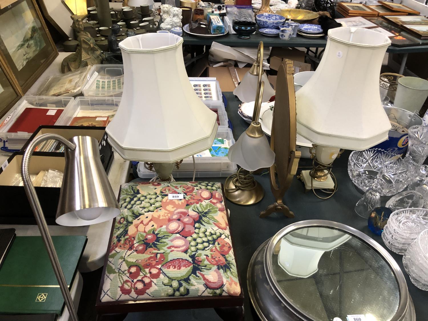 A PAIR OF ONYX LAMPS, STOOL, BRASS LAMP AND FLEXI FLOOR LAMP