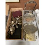 A COLLECTION OF MIXED FLATWARE, EPNS TRAYS, STANDS ETC