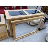 A BEECH SIDEBOARD WITH TWO DOORS, SIX DRAWERS AND GRANITE TOP AND A MATCHING MIRROR