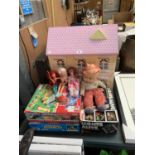 A CHILDS DOLL HOUSE, VARIOUS DOLLS AND GAMES