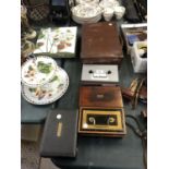 A MIXED GROUP OF ITEMS - VINTAGE METAL CASH TIN, WOODEN BOX, SUITCASE ETC