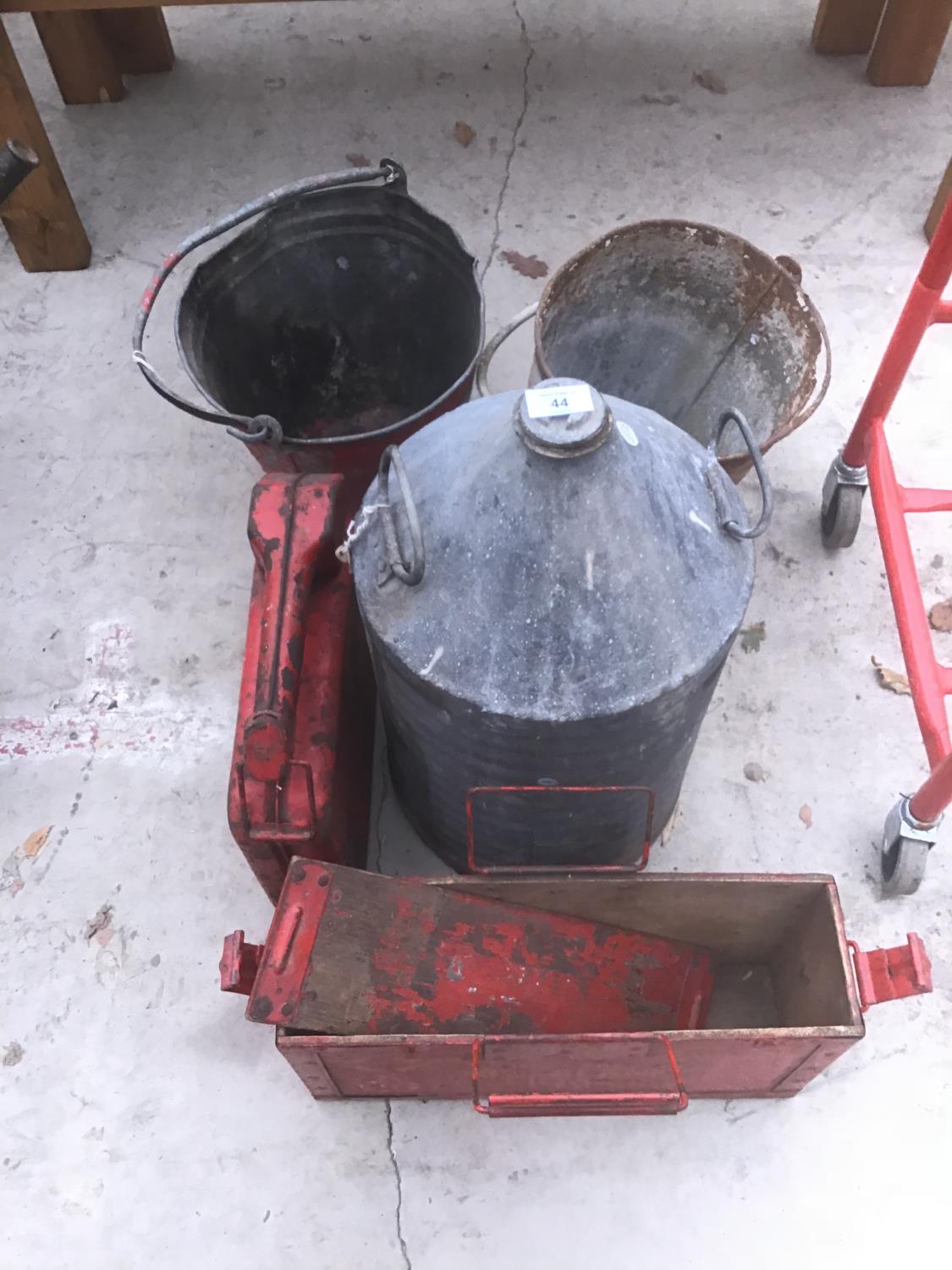 FIVE VINTAGE ITEMS TO INCLUDE A WOODEN BOX, TWO FIRE BUCKETS, A JERRY CAN AND A FURTHER CAN