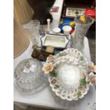 A MIXED GROUP OF ITEMS - CUT GLASSWARE, CAPODIMONTE BASKET, BRASS LAMP AND SHADE ETC