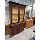 A MAHOGANY CABINET WITH TWO LOWER DOORS AND TWO UPPER DOORS (REQUIRE GLASS)