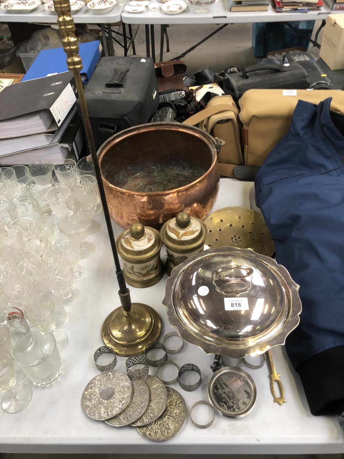 A MIXED GROUP OF ITEMS - SILVER PLATED LIDDED ITEM, COPPER BOWL ETC