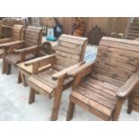 FOUR WOODEN GARDEN CHAIRS WITH A LOW TABLE