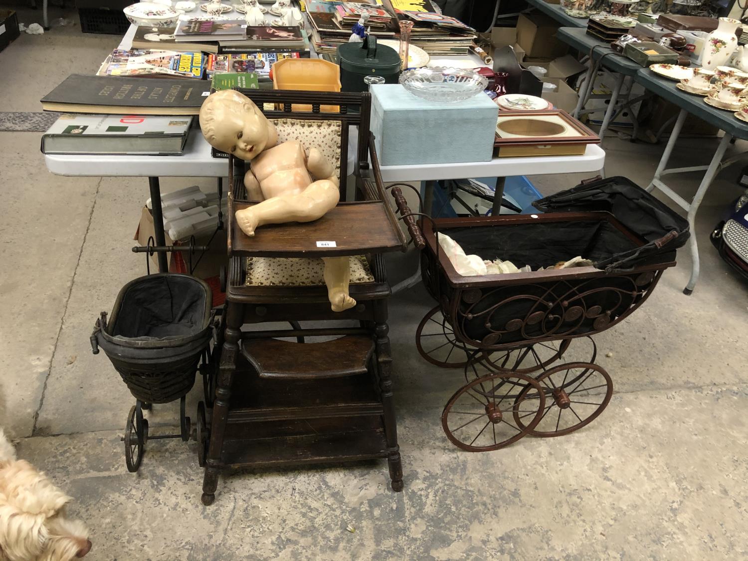 TWO VINTAGE WOODEN DOLLS PRAMS, HIGH CHAIR AND TWO DOLLS