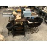 TWO VINTAGE WOODEN DOLLS PRAMS, HIGH CHAIR AND TWO DOLLS