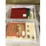 TWO BOXES OF ASSORTED STAMPS, SOME ON LEAVES, IMPROVED STAMP ALBUM ETC