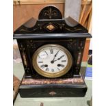 A HEAVY INLAID MARBLE AND SLATE CHIMING MANTLE CLOCK