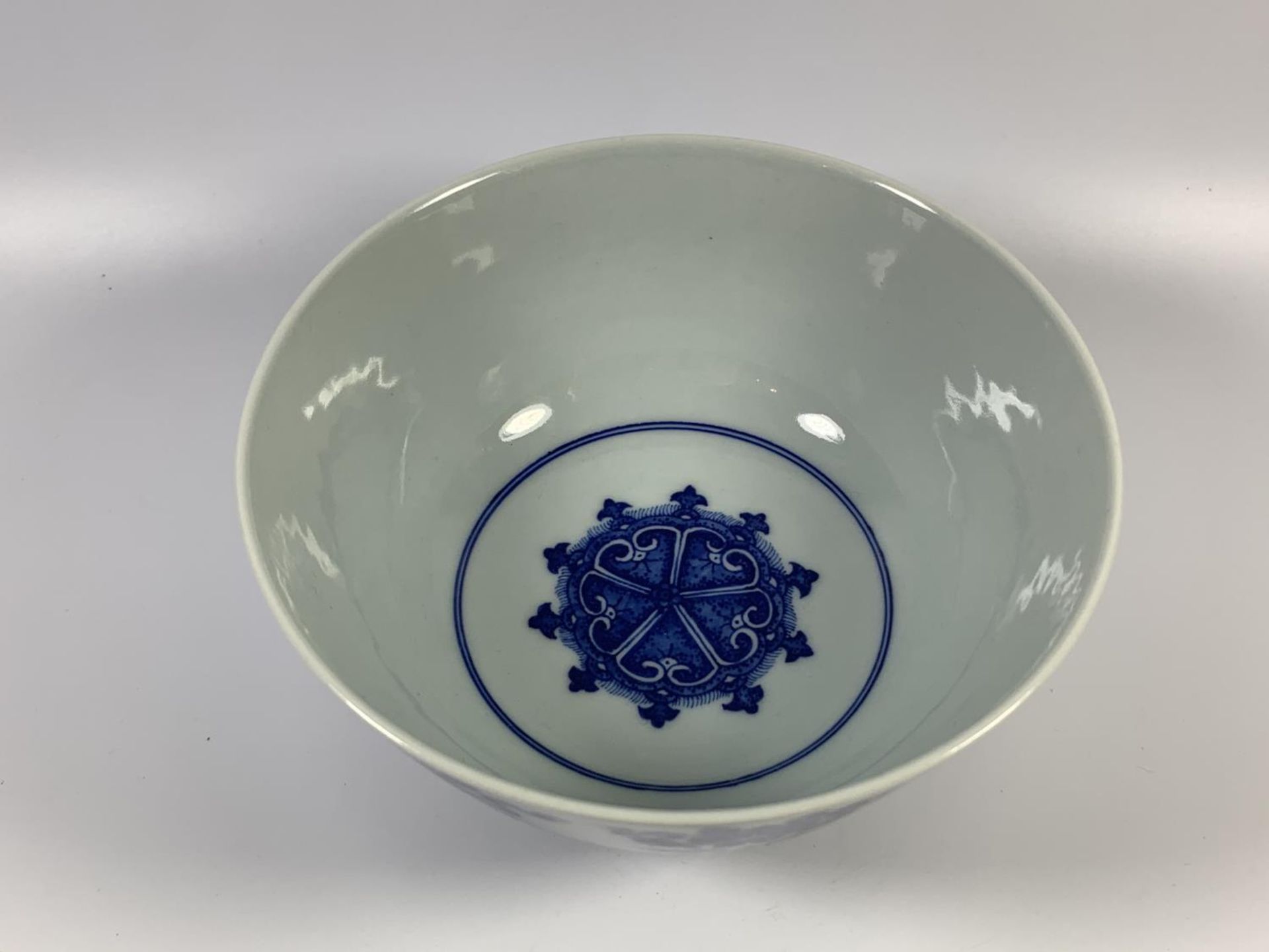 A CHINESE BLUE AND WHITE PORCELAIN BOWL HAVING LOTUS FLOWER DESIGN, QIANLONG MARK TO BASE, - Image 3 of 7