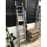 TWO PAIRS OF ALUMINIUM LADDERS TO INCLUDE AN ELEVEN RUNG TWO SECTION AND A FOUR RUNG STEP LADDER