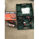 A CASED BOSCH CORDLESS DRILL, A BLACK AND DECKER JIGSAW AND A BLACK AND DECKER MOUSE SANDER ALL IN