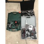 A CASED SOLDERING KIT, A BOSCH PSR960 CORDLESS DRILL WITH CHARGER IN CASE AND A SPANNER/SOCKET SET